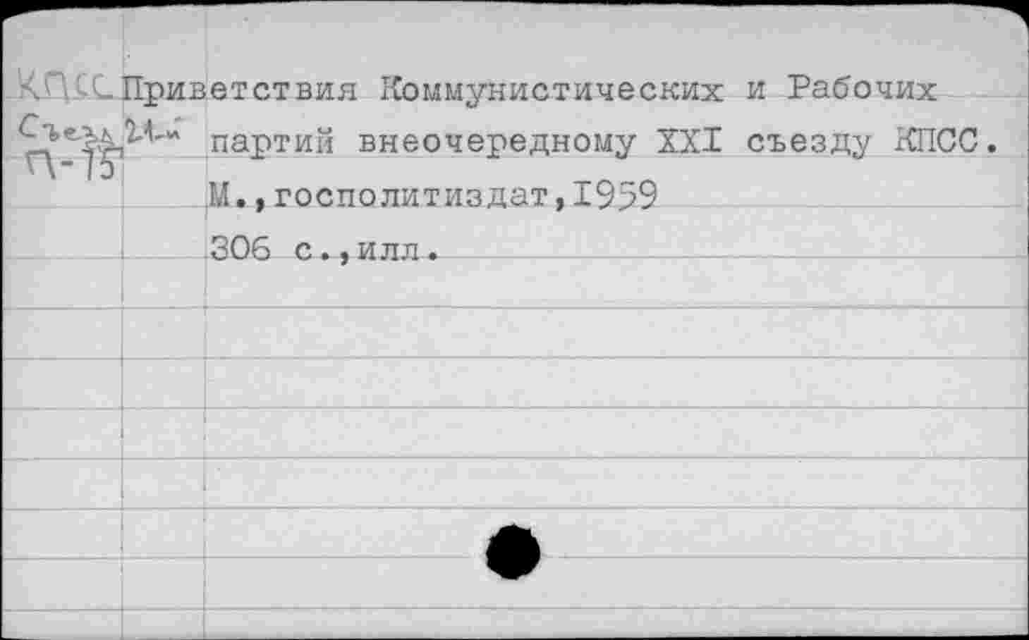 ﻿<ГНСПрив		етствия Коммунистических и Рабочих партий внеочередному XXI съезду КПСС.
' 1Э		М.,госполитиздат,1959
		306 с.»илл.	
		